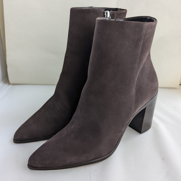 SCHUTZ Shoes - Schutz Mikki Block Heel Brown Suede Bootie Pointed Toe Nobuck Size 8